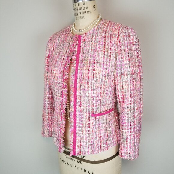 Tahari Arthur Levine Pink Tweed Boucle Sparkle Jacket Ladies Size 2 Petite - Picture 4 of 10